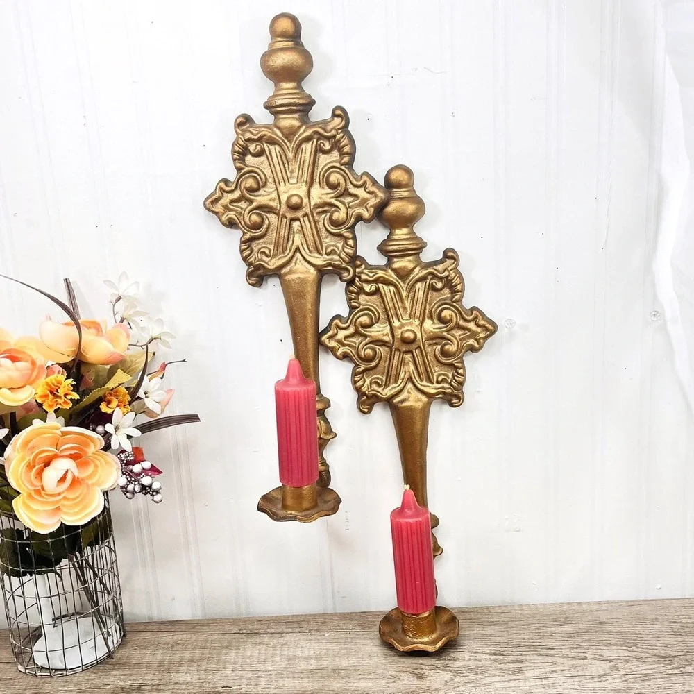 Vintage Hoda Gilt Wall Sconce Pair | 16" Ornate Gold Taper Candle Holders
